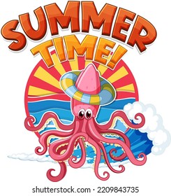 Summer time word with squid cartoon illustration