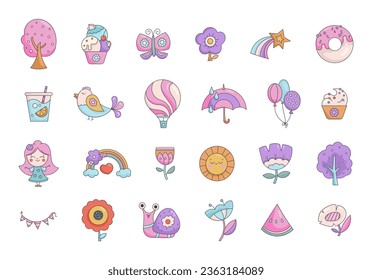 Summer time of the year. Cute rainbow, flower, butterfly, balls, bird, cupcake, sun and more. Vector drawing. Collection of design elements.