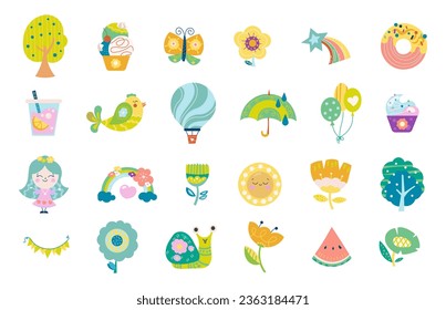 Summer time of the year. Cute rainbow, flower, butterfly, balls, bird, cupcake, sun and more. Vector drawing. Collection of design elements.