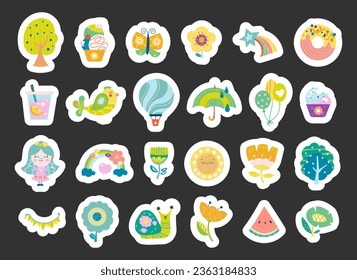 Summer time of the year. Sticker Bookmark. Cute rainbow, flower, butterfly, balls, bird, cupcake, sun and more. Vector drawing. Collection of design elements.