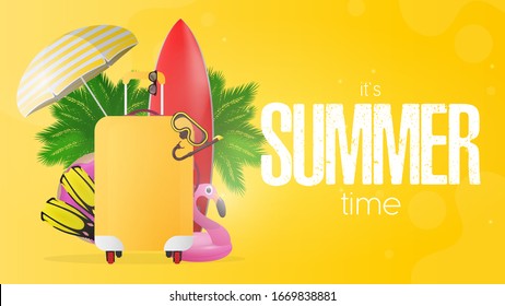 Summer time yellow banner. Red surfboard, yellow suitcase for tourism, flippers, swimming mask, goggles, palm trees, umbrella, rubber rings for swimming. Vector.