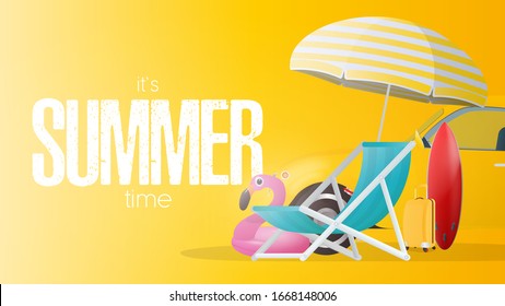 Summer time yellow poster. Sun umbrella, beach deck chair, pink flamingo swimming circle, yellow travel suitcase, red surfboard, yellow car.