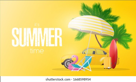 Summer time yellow poster. Sun umbrella, beach deck chair, pink flamingo circle, yellow travel suitcase, red surfboard, palm trees and yellow car.