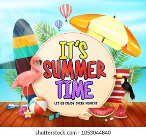 It's Summer Time with Yellowish Circle for Text with Palm Leaves, Umbrella, Surfboard, Flamingo, Toucan, Watermelon, Beachball and Hot Air Balloons Above the Wooden Pier in Beach Resort Background. 