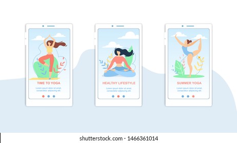 Summer Time Yoga, Healthy Lifestyle Mobile App Page Onboard Screen Set for Website, Women Outdoors Sports Exercise, Fitness, Workout in Different Poses, Stretching. Cartoon Flat Vector Illustration