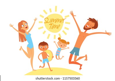 Summer time. Young family on vacation. Have fun jumping on sea beach. Flat style. Funny cartoon character. Vector illustration