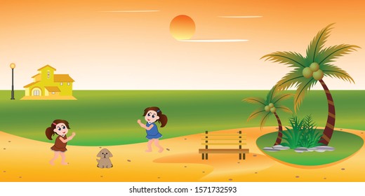 Summer time. Young family on vacation. Have fun on seaside beach. Flat style. Funny cartoon character. Vector illustration 