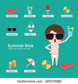 Summer time-2 It's near Summer time, wear on your sunglasses, flip-flops, bikini and have a iced soft drink or watermelon to enjoy your wonderful life in summer. 