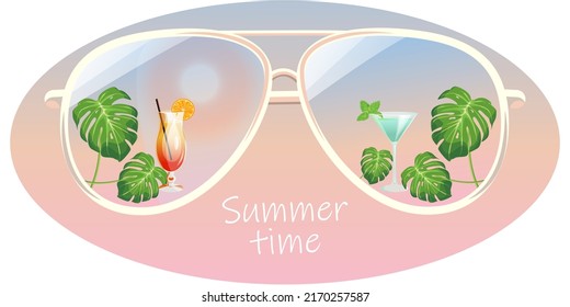 Summer time.Illustration of sunglasses with cocktails and monstera leaves on a sunset background.The concept of sunglasses for summer holidays, parties.