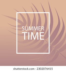 Tiempo de verano. Fondo de verano con hojas de palma. Hola, verano.Ilustración vectorial.
