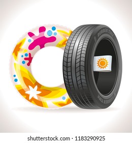 Summer tires with a summer label together with a rubber ring remind of change of tires.