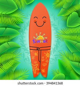 Summer Title with Surfboard smiling and a Tropical Green Leaves including Silhouette Surfers Background. Vector Illustration 
