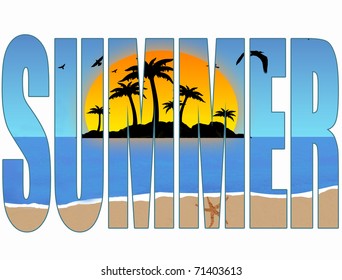 Summer title with a tropical scene in the background, vector illustration