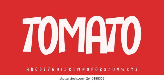 Summer Tomato berry, joyful lettering, cartoon funny typography. Childish font for friendly logo headline of culinary recipe book, sweets, ice cream title. Food typographic design. Vector typeset.