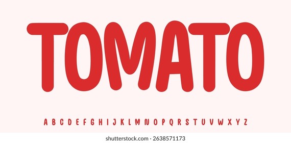 Summer tomato lettering, cartoon joyful colored alphabet, rounded playful font for bright kid fresh product headline, friendly logo. Childish typographic design. Packaging typography. Vector typeset