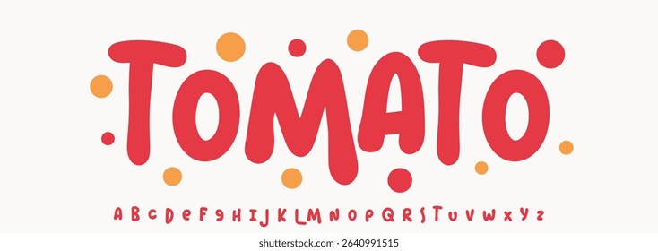 Summer Tomato vegetable, joyful lettering, cartoon rounded typography. Childish font for friendly logo headline of culinary recipe book, sweets title. Food typographic design. Vector typeset.