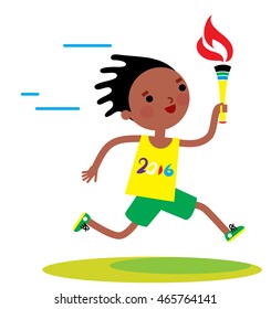 Summer torch relay. Brazilian Running bearer boy with a flame. vector illustration. 