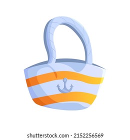 Summer Tote. Beach bag with stripes and anchor isolated on white background. Vector cute Illustration in cartoon style.
