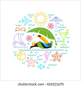 Summer, Toucan, beach infographic. A set of symbols and elements to print on t-shirts.