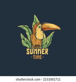 Summer toucan for design of tropical beach. Exotic bird with plants for hawaii prints