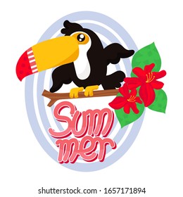 verano Toucan sobre un fondo blanco con hojas exóticas y flores. Ilustración vectorial.