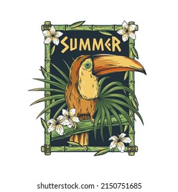 Summer toucan with tropical leaves. Tropic background with bird and flowers for print and hawaii tiki bar