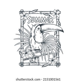 Summer toucan with tropical leaves. Tropic background with bird and flowers for print and hawaii tiki bar