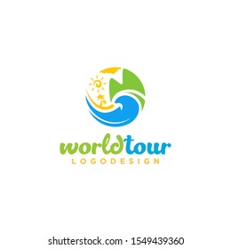 Summer tour travel vacation vector logo concept illustration in circle shape with sun, mountains, palm tree and waves elements
