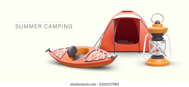 Summer tourism advertising vector banner. Camping in tents, kayaking. Red 3D illustration, place for text. Modern tourist equipment for spending night outside