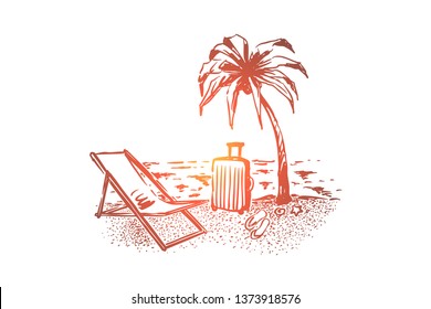 Summer tourism, holiday vacation, palm tree on sunny beach, bag, chaise lounge and slipper on sea shore. Paradise island, travel agency service concept sketch. Hand drawn vector illustration