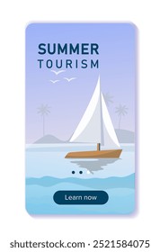 Summer tourism poster. Boat in sea or ocean. Tropical coastline view. Holiday and vacation in tropical and exotic countries. Flat vector illustration isolated on white background