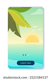 Summer tourism poster. Sea or ocean. Tropical coastline view. Holiday and vacation in tropical and exotic countries. Cover or banner. Flat vector illustration isolated on white background