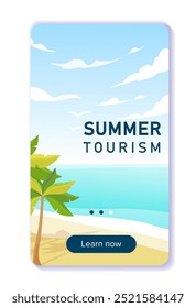 Summer tourism poster. Tropical coastline with palm. Sea or ocean. Holiday and vacation in tropical and exotic countries. Social media cover. Flat vector illustration isolated on white background