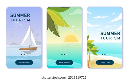 Sommertourismusplakate. Yacht im Meer oder Meer. Reisen und Reisen. Tropische und exotische Insel und Land. Cover sozialer Medien. Flache Vektorgrafik einzeln auf weißem Hintergrund