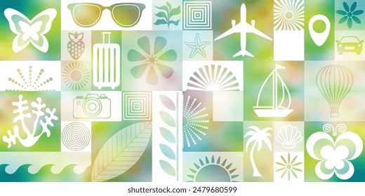 Summer tourism symbols, vector background, minimalistic geometric shapes, seamless pattern, banner