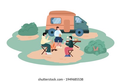 Summer tourism, travel and adventure in camper car with trailer.