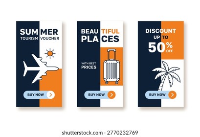 Summer tourism voucher set with flat travel icons and discount offer. Creative vertical banners for travel agency marketing and holiday sales.