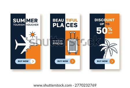 Summer tourism voucher set with flat travel icons and discount offer. Creative vertical banners for travel agency marketing and holiday sales.