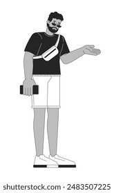 Summer tourist black man holding phone black and white 2D line cartoon character. Casual attire african american guy isolated vector outline person. Recommend hand monochromatic flat spot illustration