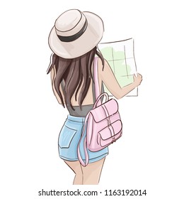 Summer tourist illustration. Vector traveller girl holding map. Glamour fashion magazine sketch, woman in shorts and hat  with pink backpack . Weekend adventure 