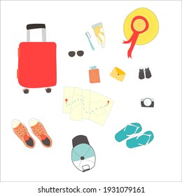 Summer and tourist items on white background