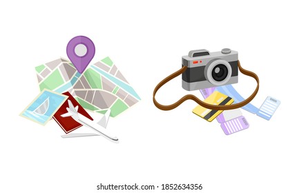 Summer Tourist Stuff with Camera and Map Vector Set