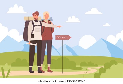 Summer tourist trip, hiking outdoor adventure, young man hiker pointing way forward