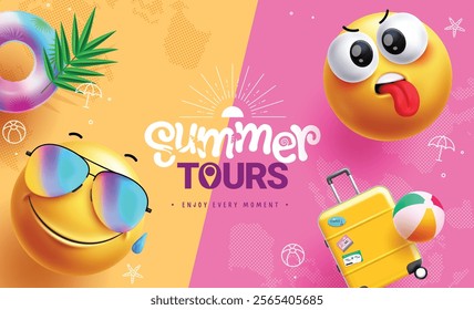 Summer tours greeting emoji clipart design. Summer text with emojis characters in tired, cool and hot faces for vacation holiday in orange and pink background. Vector illustration beach tour emoticon 