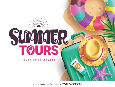 Summer tours greetings clipart poster design. Summer tour text clip art with luggage bag and inflatable floaters elements in abstract tropical background for holiday vacation trip vector illustration.