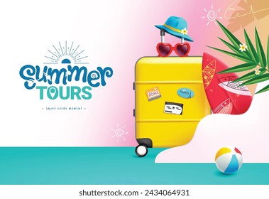 Summer tours text vector design. Summer tours travel promotion with yellow luggage bag, surfboard and sunglasses for holiday season background. Vector illustration summer travel design. 
