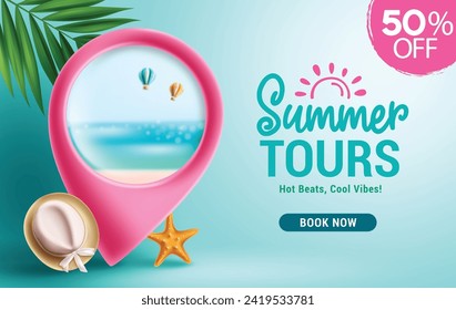 Summer tours website vector banner. Summer tours with travel location icon pin in tropical beach place for website banner background. Vector illustration travel and tours website promotion design.  
