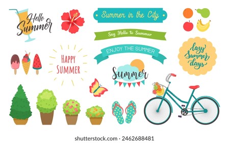 Summer town clipart. Bright icon set featuring banners with lettering phrases, bicycle, ice cream, popsicle, fruit, cocktail, lemonade, street plants in pots. Summer in the city design elements.
