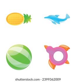 Summer toy icons set cartoon vector. Inflatable ball, circle and dolphin. Beach vacation, summer