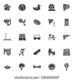 Sommerspielzeug Vektorsymbole Set, moderne solide Symbolsammlung, gefülltes Piktogrammpaket. Zeichen Logo-Illustration. Set beinhaltet Symbole wie Fußballspiel, Baby-Kautschuk-Spielzeug, Elektro-Roller, Kinderfahrrad